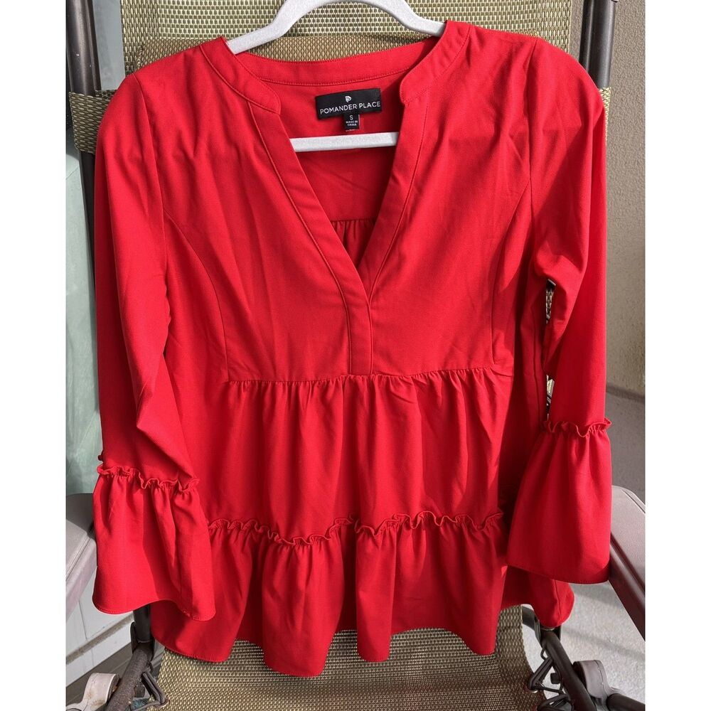 Tuckernuck Pomander Place Kenzo Top Red Crepe Tiered Ruffle Bell Sleeve Romantic